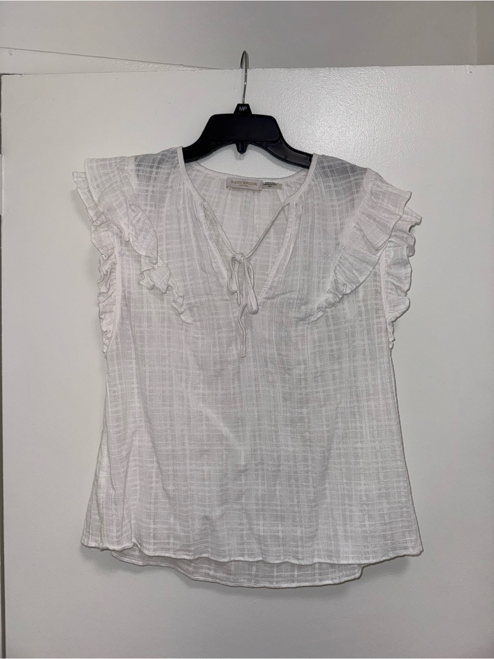 Ramy Brook White Ruffle Sleeve Tie-Neck Cotton Top Short Sleeve M - Picture 2 of 6